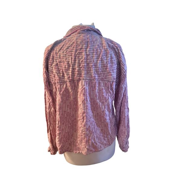 Women L Anthropologie Button Sleep Pajama Shirt Top Pink Stripec Printed Blouse - Picture 4 of 6